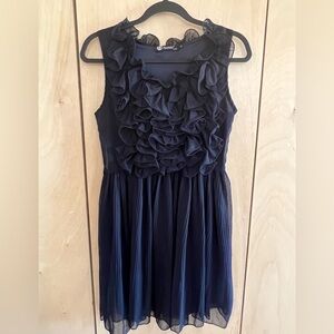 Navy Ruffled Sleeveless Dress
